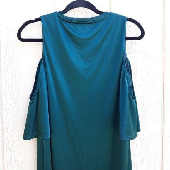 Zara Trafaluc Holiday Silky Cold Shoulder Midi Shift Dress Green Sz S - Picture 6 of 10